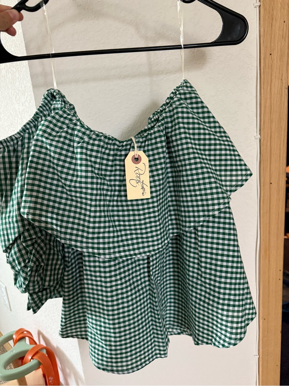 Karlie Green Gingham Off-Shoulder Ruffle Blouse